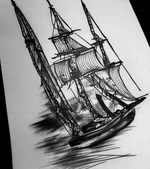 A realistic tattoo design sketch of a pirate ship, white background, black and white, highly detailed tattoo, shaded tattoo