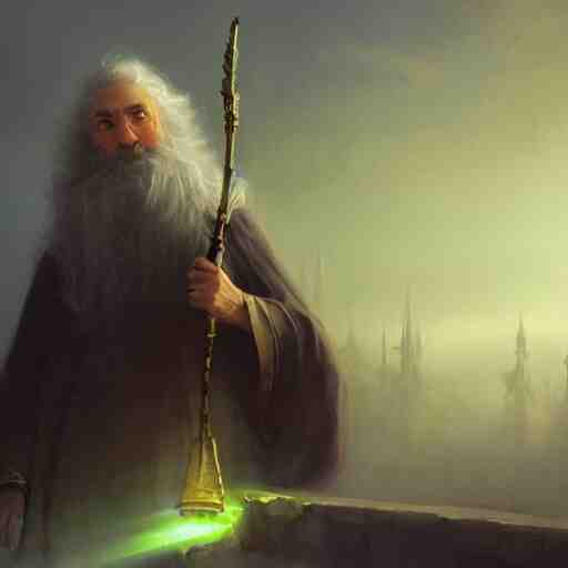 cinematic shot epic portrait an wizard with gray hair and long beard casting a spell with a magic wand, glowing, magic, broad light, ambient occlusion, volumetric light effect, made by ivan aivazovsky, peter mohrbacher, greg rutkowski, matte painting, trending on artstation, 4 k, perfectly defined features, digital painting, cinematic, epic, highly detailed, 