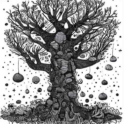 black and white ink doodle illustration of an ancient tree floating in outer space, overgrown with funghi, style by peter deligdisch, peterdraws 