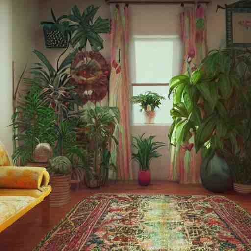 1 9 6 9 living in an older house, hippie pad, hippie chic, antiques, tropical houseplants, beaded curtains, posters on the walls, persian rugs, artstation, octane, 8 k, mildly desaturated. 