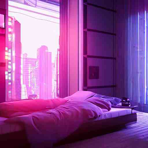 « inside a girl room, cyberpunk vibe, neon glowing lights, sharp focus, photorealistic, unreal engine 5, girl in the bed, window that shows the skyscrapers in the background » 