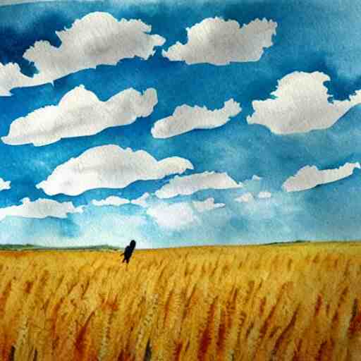 silhouette of a girl in a field of wheat, colorful clouds in the sky, watercolor