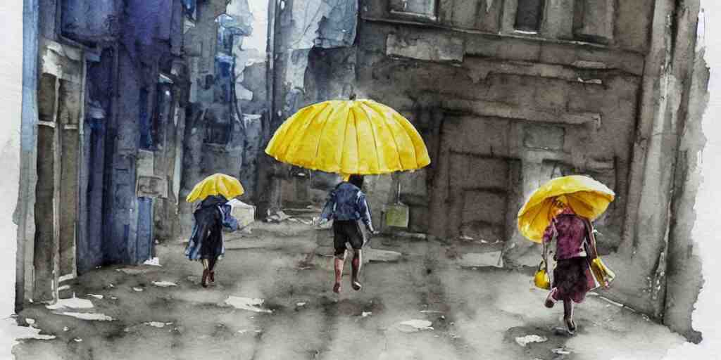 deserted dusty junk town, a girl with a parka and a yellow parasol is running, broken vending machines, scene from the movie Ghost in the shell, watercolor watercolor