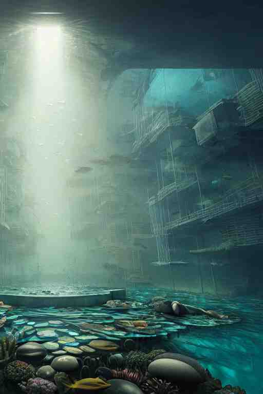 hyperrealistic precisionist cinematic underwater neo - dystopian city ruins with giant luminescent aquatic plants, digital art masterpiece, aykut aydogdu eric zener, dramatic volumetric light, long shot, low angle uhd 8 k, sharp focus 