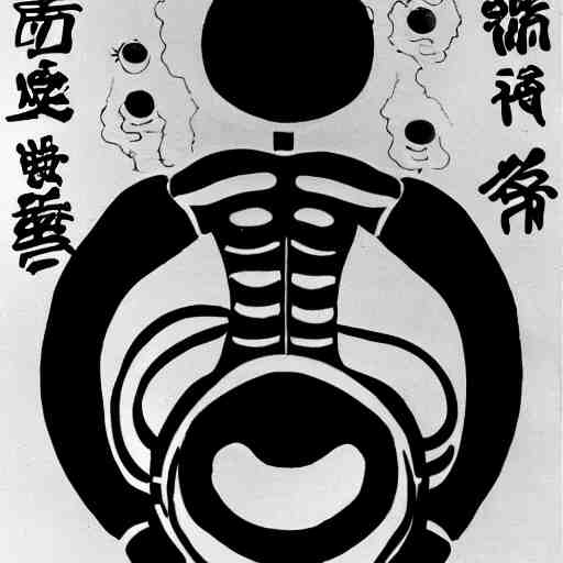 a pregnant robot woman giving birth to a yin - yang daoist symbol emerging out of womb, full body black and white drawing 