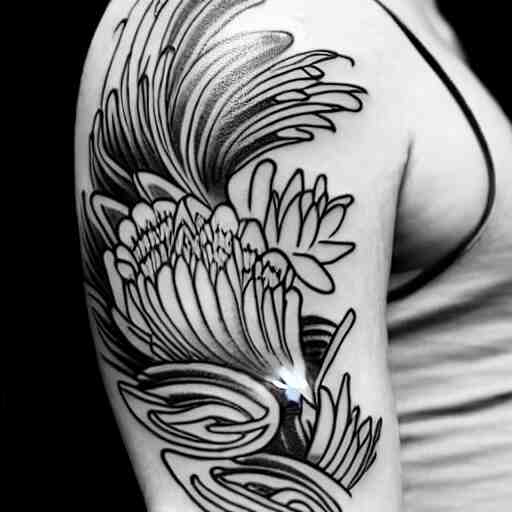 black and white tattoo of koi fish with camelia flowers, on white background, japanese traditional style, stylized, 