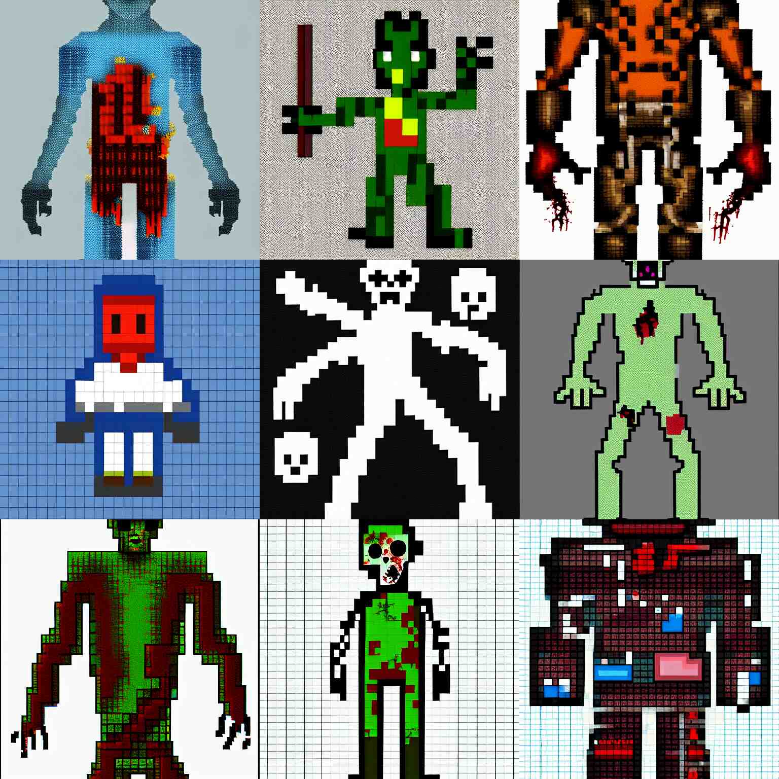 a zombie, blueprint, pixel art, full body, centered, very detailed, hi res, white background 