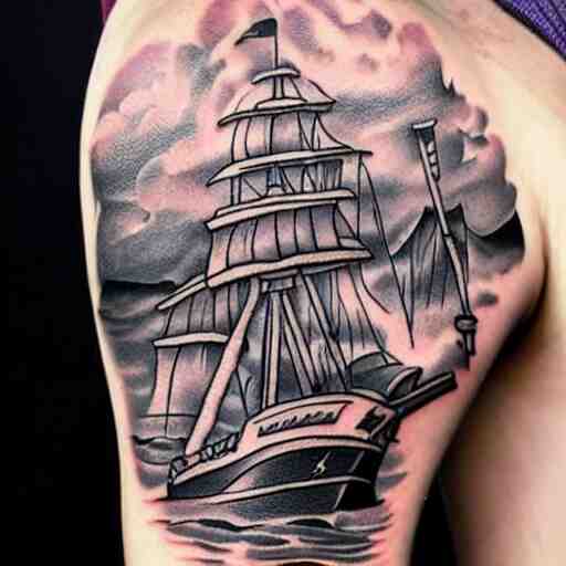 A pirate ship tattoo design in the style of Dmitriy Samohin, hyper realistic tattoo