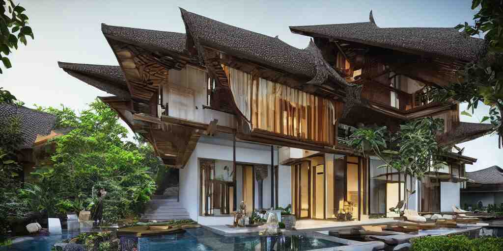 3d rendering  of beautiful nature meets architecture concept of a residential house. balinese architecture by Kengo Kuma, volumetric lighting, luxury, high detail, 14mm, cinematic photography, cg architects,  high resolution