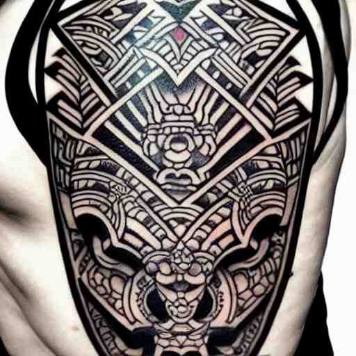 intricate japanese mayan yakuza tattoo, geometric dark animal tattoo, tattoo on upper arm