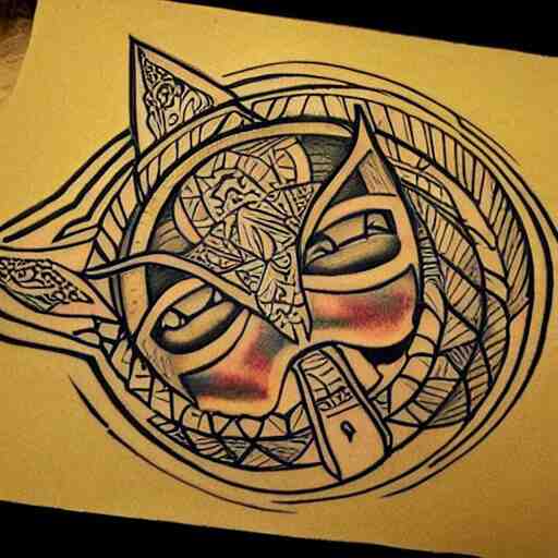 tattoo sketch on yellow paperp, polynesian style, sun hugging the cat, maori, ornament
