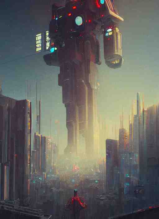 a painting of a giant robot standing in front of a city, cyberpunk art by mike winkelmann, behance contest winner, nuclear art, dystopian art, apocalypse art, sci - fi 