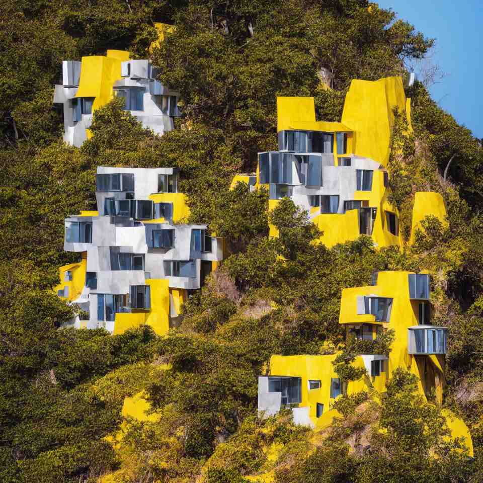 a tiny flat horizontal house on a cliff, designed by Frank Gehry. Big tiles. Small wooden pathway . Film grain, cinematic, yellow hue