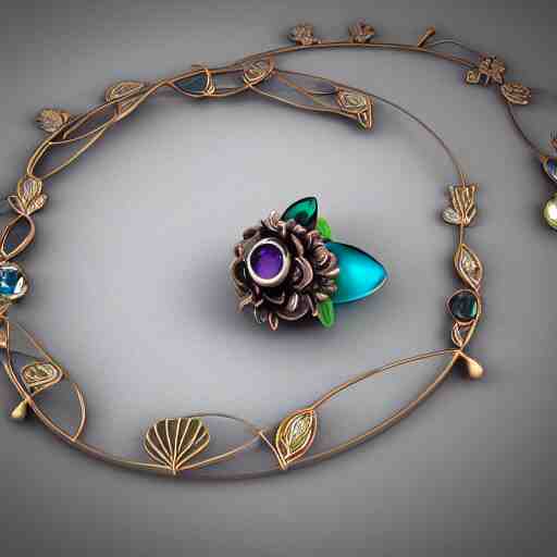 intricate! organic, nordic wedding ring, necklace, gemstones, dreamy floral background, refraction, occlusion, lower and upper levels, keyshot render, octane render, vray render 