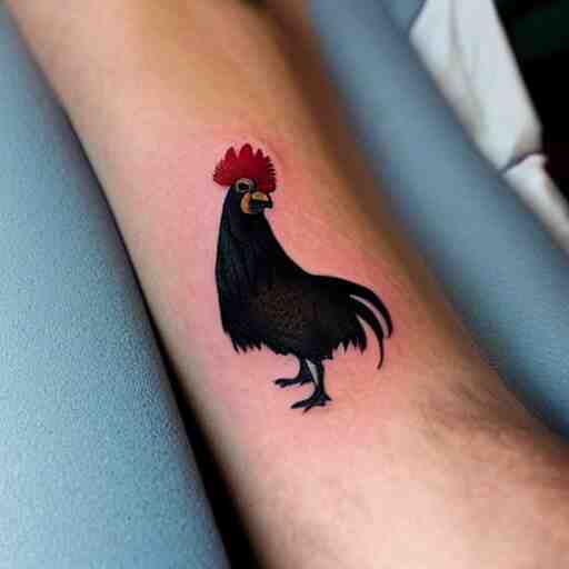 A small tattoo of a black rooster. The black chicken is holding smoking a large cannabis blunt in its mouth