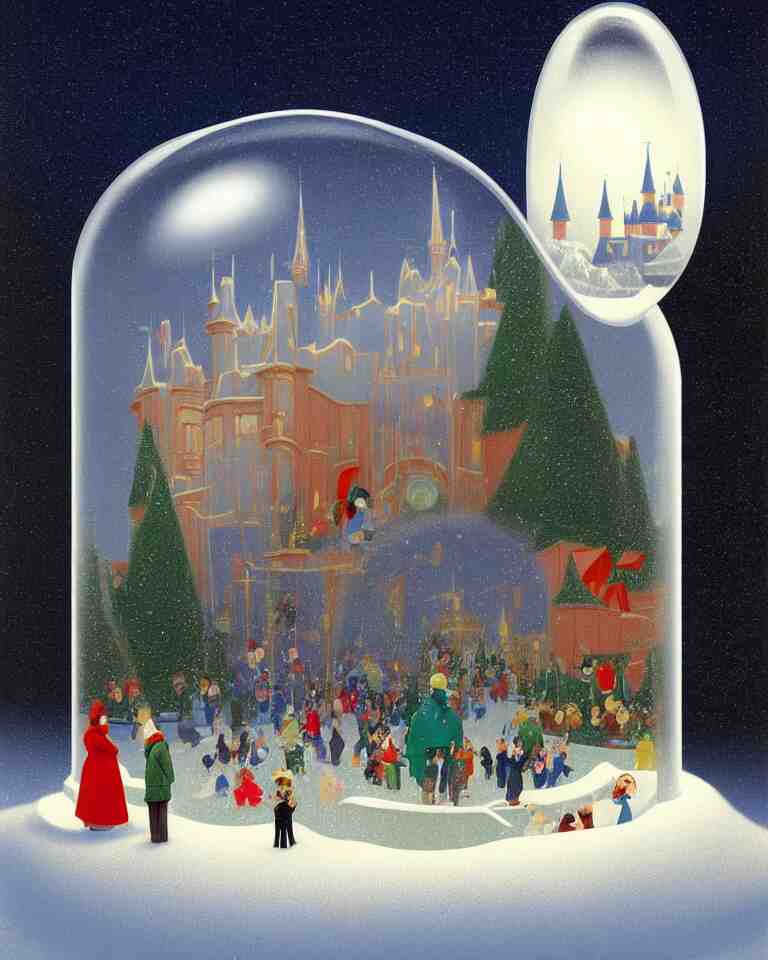 an achingly beautiful print of one modernist, cylindrical snow globe with disneyland inside by raphael, hopper, and rene magritte. detailed, proportional, romantic, vibrant, enchanting, trending on artstation 