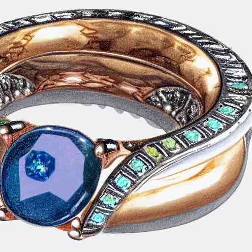 sketch of four points of view of a complex ring with a complex cameo ornament of a panther, technical sketch, rose gold, gems, high coloration, ambient lightning, highly detailed, 8 k 