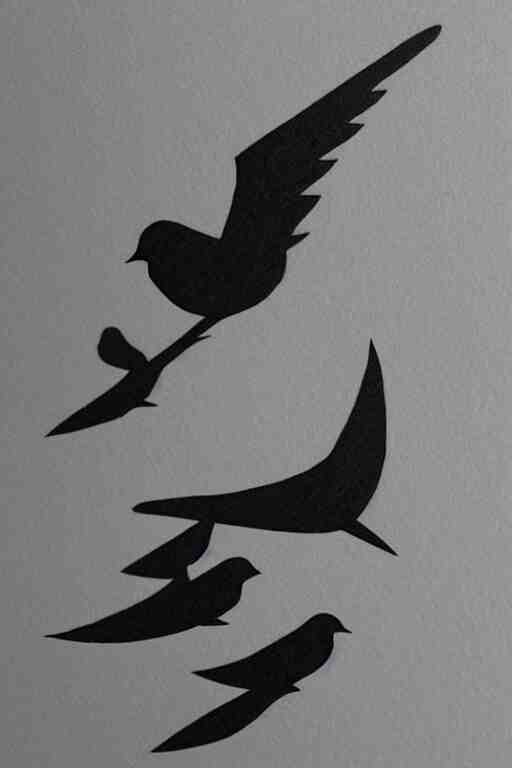 a simple artistic tattoo design of minimalist flying birds, black ink, abstract geometric logo 