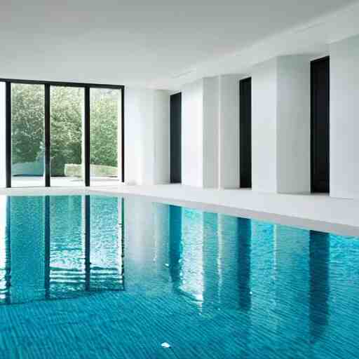 a new swimming pool in a large white room with a door that leads to a gray room with on light on in it. dream like. 