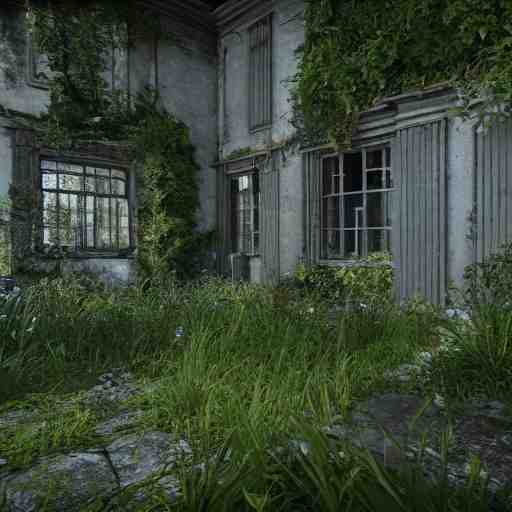 outside a derelict victorian house, garden in front of house is overgrown and walls are crumbling down, moss and ivy cover the walls ray traced unreal 5, ultra details 