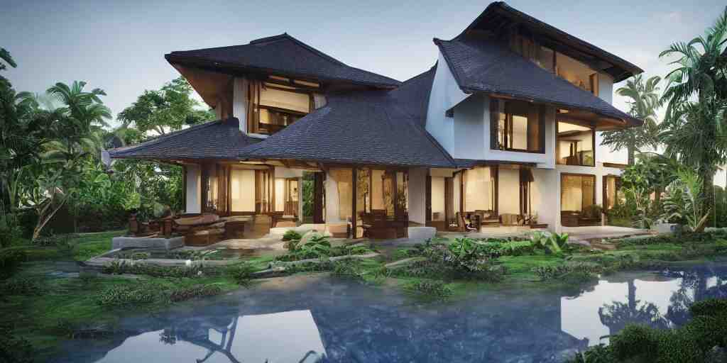 3d rendering  of beautiful nature meets architecture concept of a residential house. balinese architecture, volumetric lighting, luxury, high detail, 14mm, cinematic photography, cg architects,  high resolution