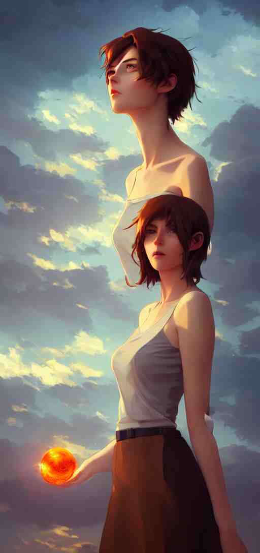 a beautiful british woman with short brown hair, gentle, somber amber eyes, standing on a rooftop, storm in the distance, basic clothing, digital art by makoto shinkai ilya kuvshinov and wojtek fus, digital art, concept art, 