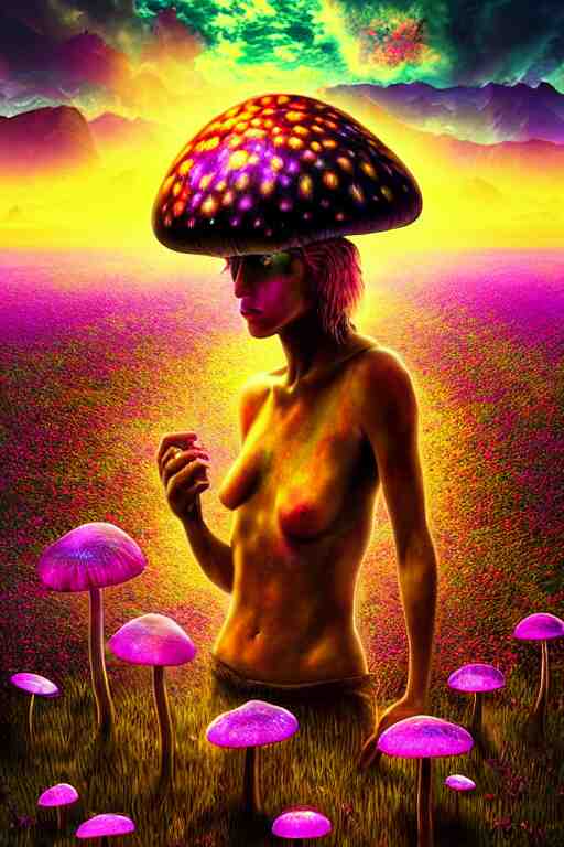 hyperrealistic portrait of melting hippies - epic cinematic mushrooms with psychedelic field of flowers, highly detailed smooth digital art masterpiece, pablo amaringo dramatic low light, ground angle uhd 8 k, sharp focus 