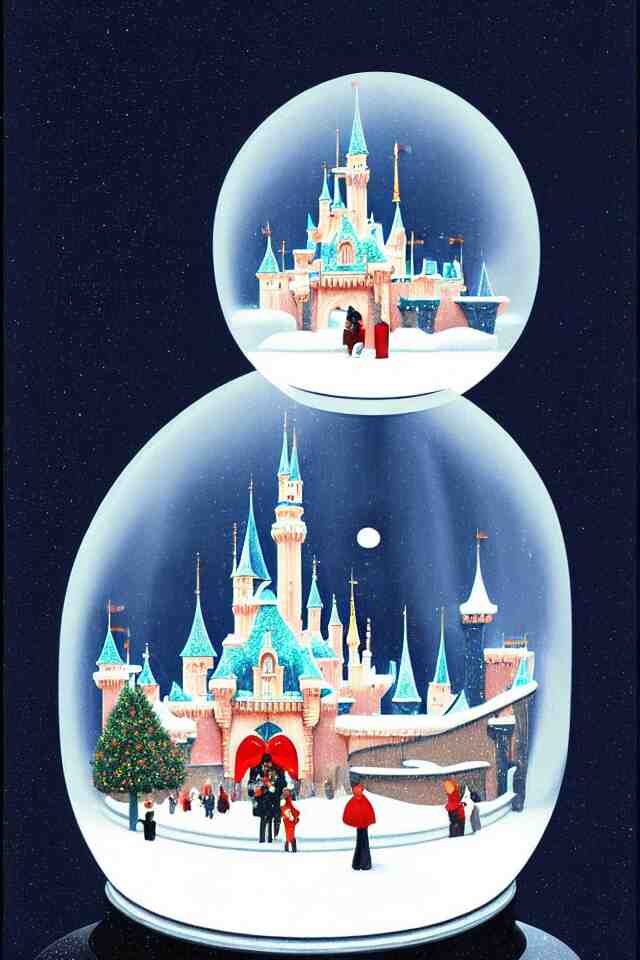 an achingly beautiful print of one modernist, cylindrical snow globe with disneyland inside by raphael, hopper, and rene magritte. detailed, proportional, romantic, vibrant, enchanting, trending on artstation 