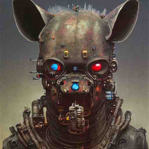 hyena robot, cyberpunk, highly detailed quadrupedal cyborg, beksinski style, very detailed painting 