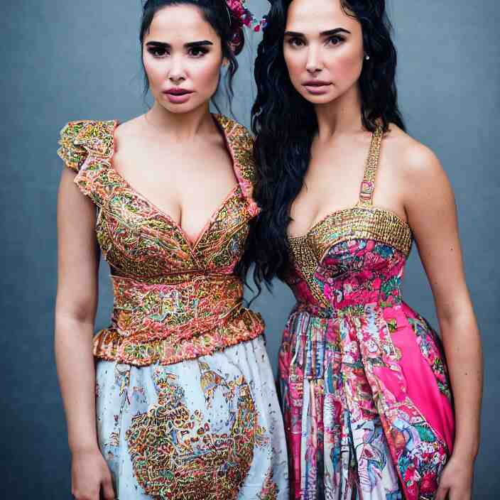 portrait of demi rose and gal gadot wearing southeast asian traditional dress, by charlotte grimm, natural light, detailed face, canon eos c 3 0 0, ƒ 1. 8, 3 5 mm, 8 k, medium - format print 