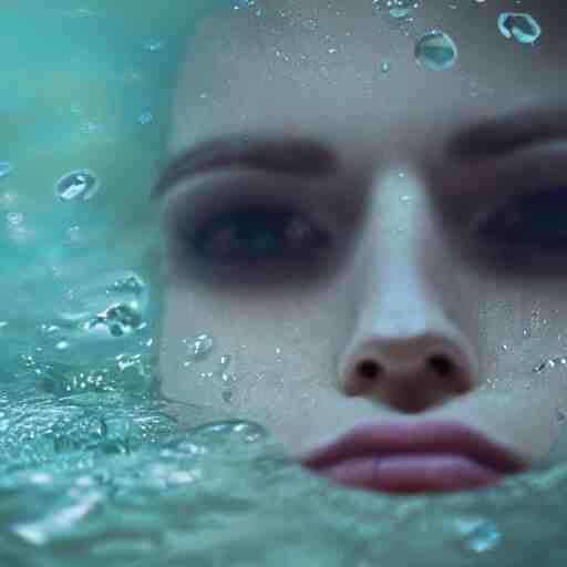 pale face lying under the water, water lilys, cinematic, shallow depth of field, atmospheric, ultra high detail, somber colors, close up of face, trending on artstation 