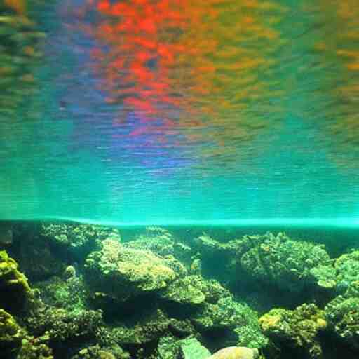 beautiful underwater river, the light refracting through the surface makes rainbow colors everywhere 