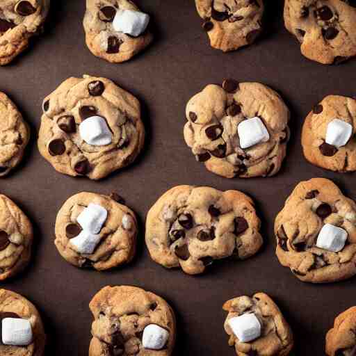 opulent banquet of freshly baked chocolate chip cookies, delicious, glistening, chocolate sauce, marshmallows, highly detailed, food photography, art by rembrandt 