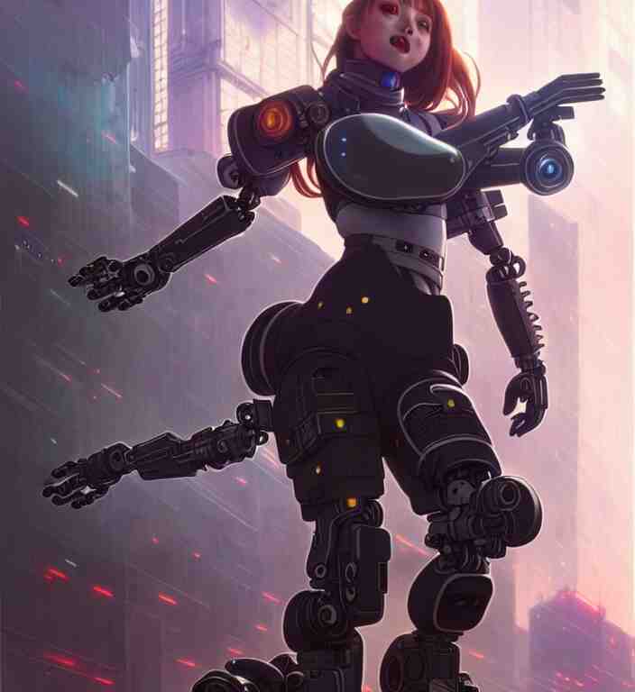 full body painting of chuu loona cyberpunk mercenary smiling and fighting a robot, ultra realistic, concept art, intricate details, eerie, highly detailed, photorealistic, octane render, 8 k, unreal engine. art by artgerm and greg rutkowski and magali villeneuve and alphonse mucha 