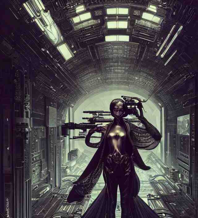 a baroque portrait of a retrofuturistic assassin in light surrounded by advanced architecture. minimalist dark wet architecture with some highly detailed science fiction details, rich colors, high contrast, black shadow level, moody dark background. trending on artstation an ultrafine hyperdetailed colorfull illustration by kim jung gi, moebius, irakli nadar, alphonse mucha, ayami kojima, amano, greg hildebrandt, syd mead and mark brooks, female, feminine, art deco, new baroque, intricate linework, colors by frank frazetta 