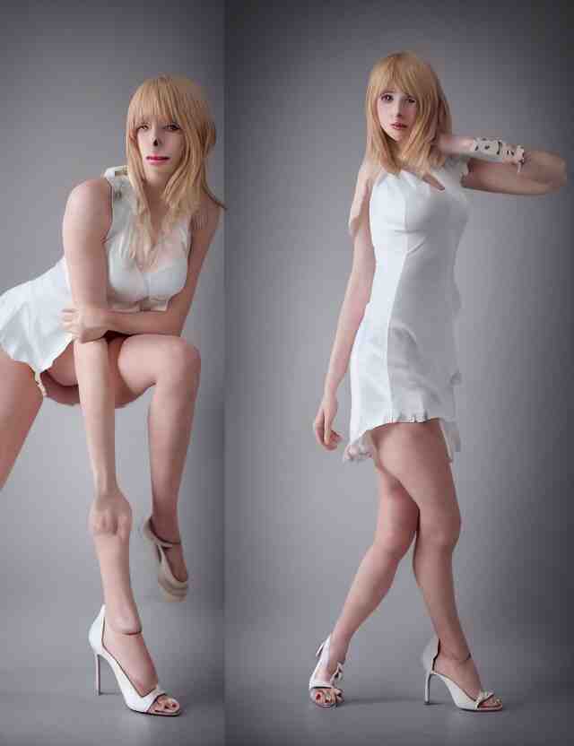 detailed studio photo of cute sexy emily skinner cosplaying annie leonhart wearing white dress, wearing open toe heels, pale skin, studio lighting, sharp focus, backlit, smooth, hard focus, full body shot, beautiful woman, most beautiful models, 4 k hdr, shot on nicon camera, beautiful soft skin, skin care, sony nicon iphone 1 3 pro max 