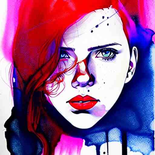 phil noto, pretty scarlett johansson black widow, symmetrical eyes, long red hair, full body, by agnes cecile and moebius and envi bikal, very luminous design, pastel colours, ink drips, autumn lights 