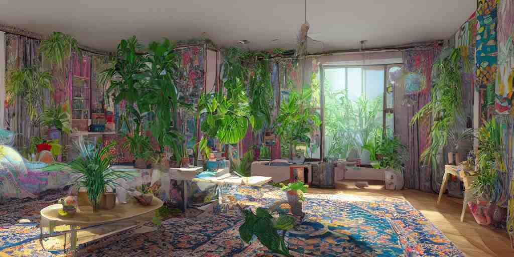 1 9 6 9 living in an older house, hippie pad, hippie chic, antiques, tropical houseplants, beaded curtains, posters on the walls, persian rugs, artstation, v - ray render, 8 k 