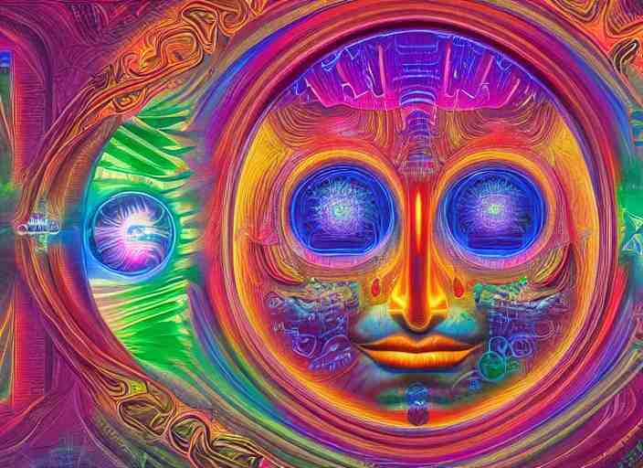 trasnformation into transcendence into collaborative intelligence, endless collaboration with ai, connectedness, body, by alex grey, album cover, award winning, beautiful, colorful, volumetric lighting, trending on artstation, cinematic 