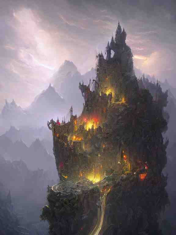 photo of 8k ultra realistic castle on cliff surrounded by swirling clouds and lighting, dark, menacing, full of colour, cinematic lighting, battered, trending on artstation, 4k, hyperrealistic, focused, extreme details,unreal engine 5, cinematic, masterpiece, art by Peter Mohrbacher