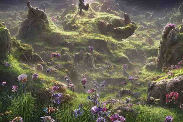 Brutalist Shiro, fantasy landscape, Eden at Dawn, gleaming morning cinematic lighting, amazing cinematic concept painting,  by Jessica Rossier,  Himeji Rivendell  Garden of Eden valley, wildflowers and grasses, terraced orchards and ponds, lush fertile fecund, fruit trees, birds in flight, animals wildlife, beksinski