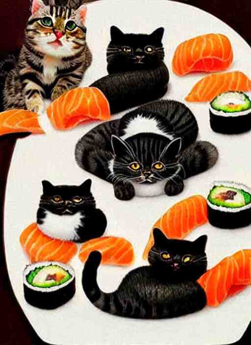 clear photorealistic picture of adorable cats made out of sushi 