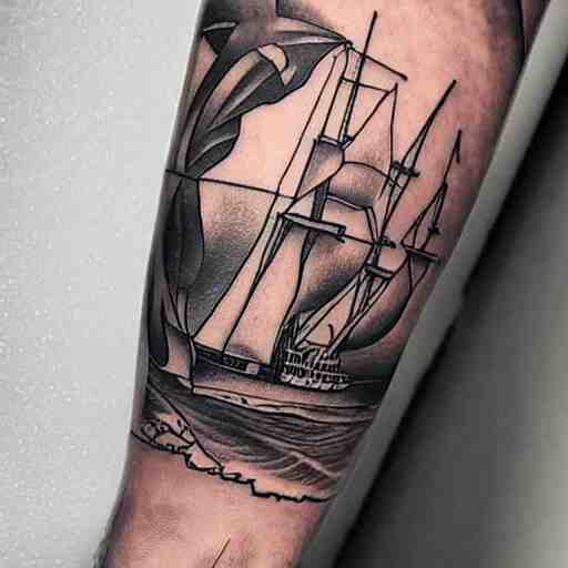 a pirate ship sailing in the sea, realism tattoo design, white paper background, by Matteo Pasqualin tattoo artist