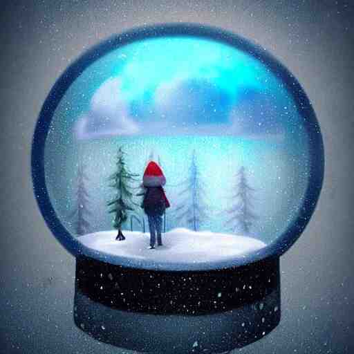 a rainstorm inside a snowglobe. Beautiful colorful clouds in moody greys and blues. High quality digital art, trending on artstation