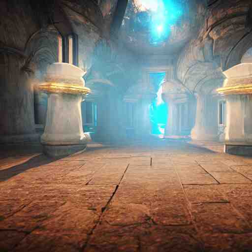 arcane teleportation pad, realistic lighting, bloom, unreal engine, cinema, particles 