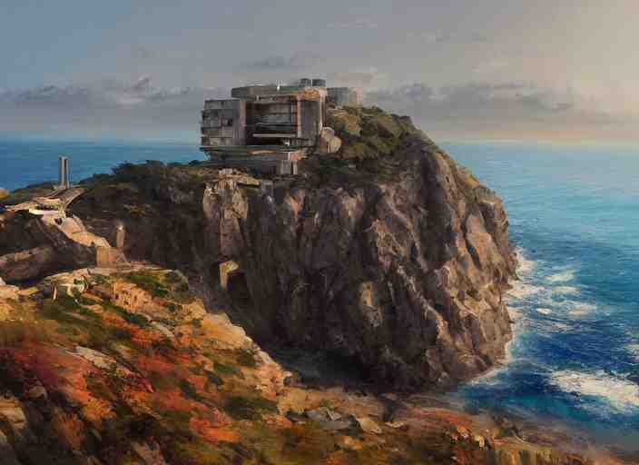 villane brutalist base of James Bond, coastal perched on a cliff overlooking a magnificient bay, concept art oil painting by Jama Jurabaev, extremely detailed, brush hard, artstation