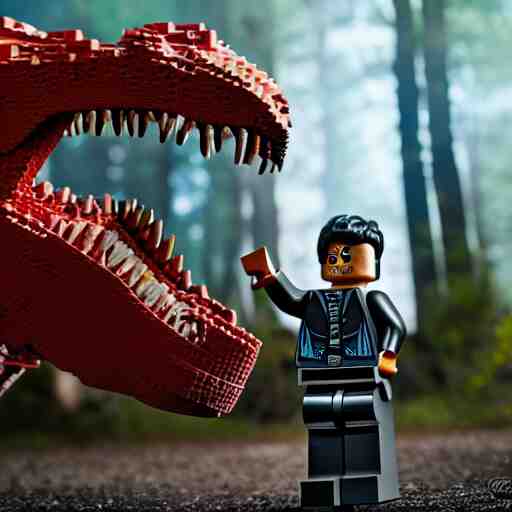 photo of a T-Rex made of Lego, cinematic drama scene, scary 8k