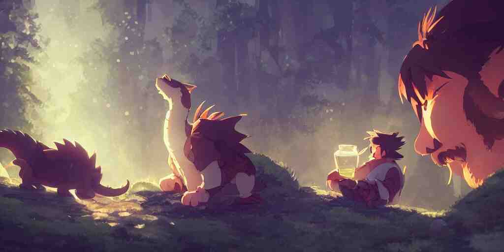 a dwarf and his small pet dragon drinking a beer together | gapmoe kuudere moody lighting stunning bokeh highlights sharp contrast | trending pixiv fanbox | by greg rutkowski makoto shinkai takashi takeuchi studio ghibli 