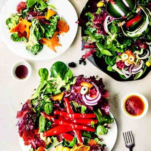 a plate of food made of salad and huge alien xenomorph, award winning photographer, food photography 