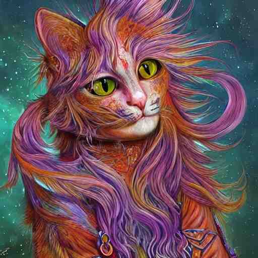 cat seahorse shapeshifter, long haired humanoid voidpunk fursona, detailed painterly digital art by wlop, louis wain, lisa frank, furaffinity, cgsociety, trending on deviantart 